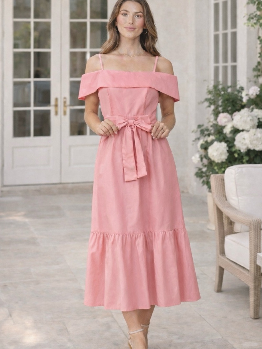 Lumiere Pink Off-Shoulder Midi Dress with Waist Tie